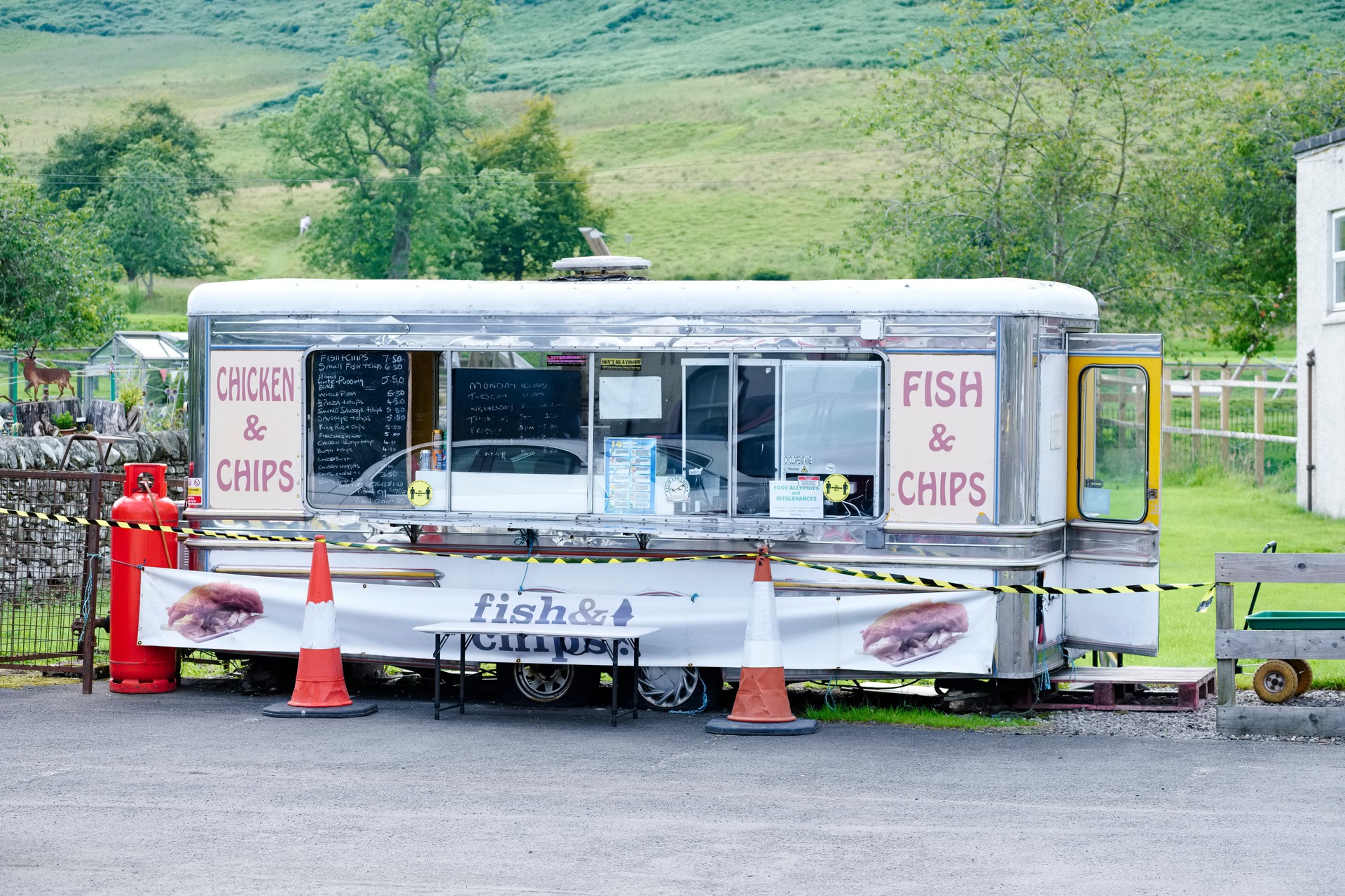 Hot take away mobile caravan cafe open in countryside open during covid-19 pandemic